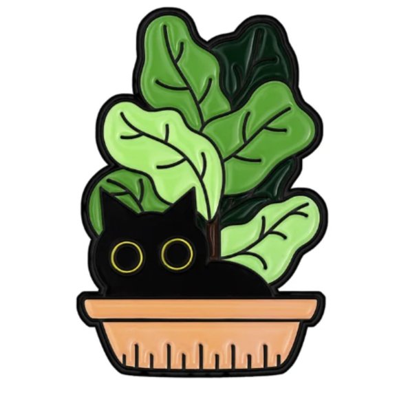 - 3/10$ NWOT black cat hiding in plants pot enamel pin - Picture 1 of 1